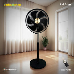 Pakhtun 18-Inch High Speed Stand Fan in black featuring remote control, 5-blade design, gold center emblem, and adjustable height stand.