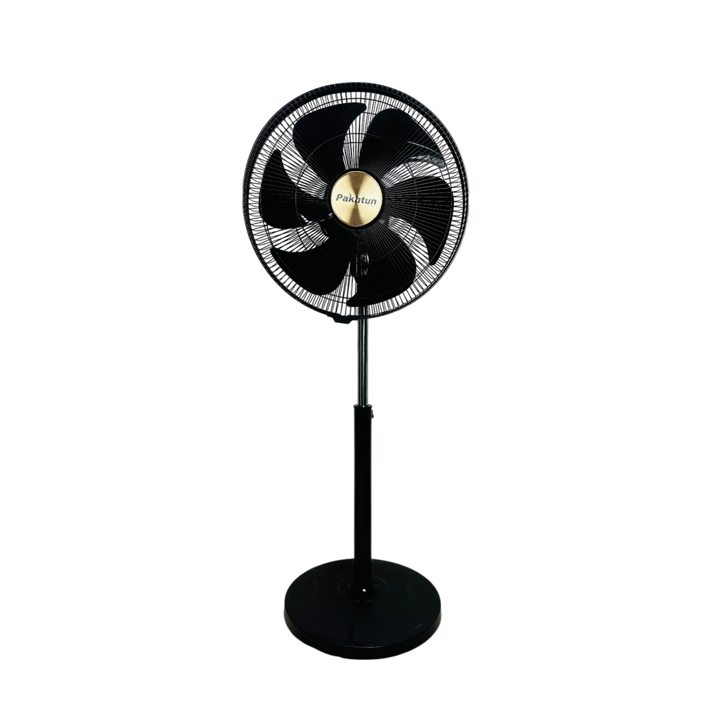 Pakhtun 18-Inch High Speed Stand Fan in black featuring a 5-blade design, gold center emblem, protective wire grill, and adjustable height stand.