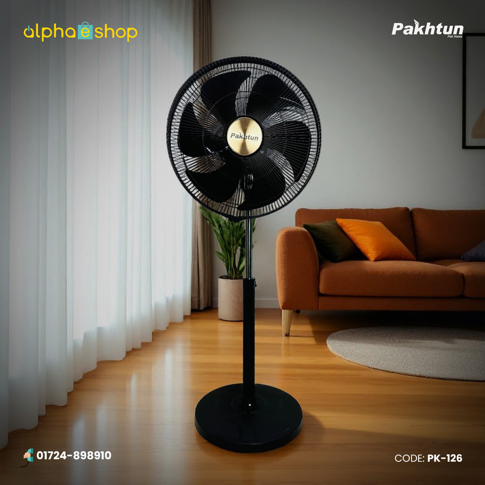 Pakhtun 18-Inch High Speed Stand Fan in black featuring a 5-blade design, gold center emblem, protective wire grill, and adjustable height stand.