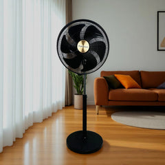 Pakhtun 18-Inch High Speed Stand Fan in black featuring a 5-blade design, gold center emblem, protective wire grill, and adjustable height stand.