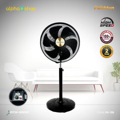 Pakhtun 18-Inch High Speed Stand Fan in black featuring 5 blades, 100% copper winding, speed control dial, and 2-year warranty.