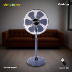 Pakhtun 18-Inch High Speed Stand Fan in grey featuring remote control, 5-blade design, and adjustable height stand.