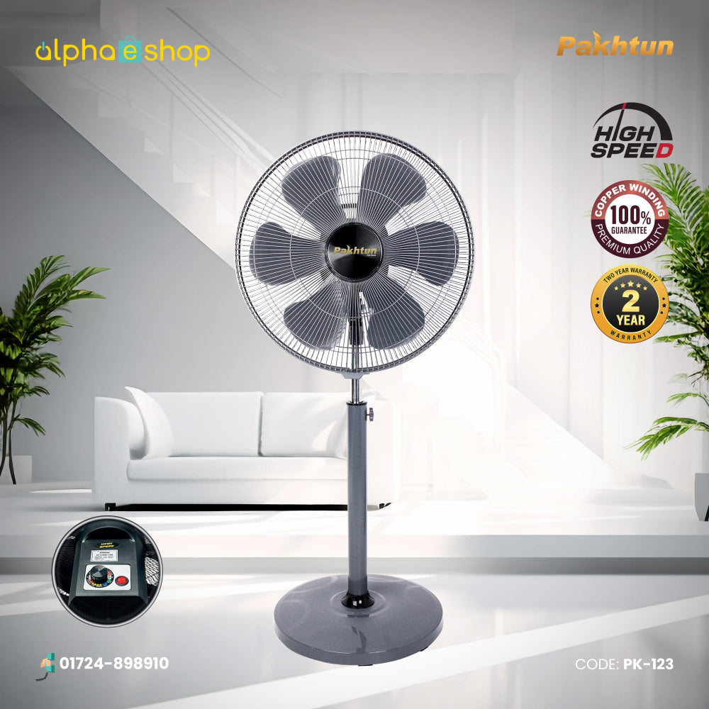 Pakhtun 18-Inch High Speed Stand Fan in grey featuring 5 blades, 100% copper winding, speed control dial, and 2-year warranty.