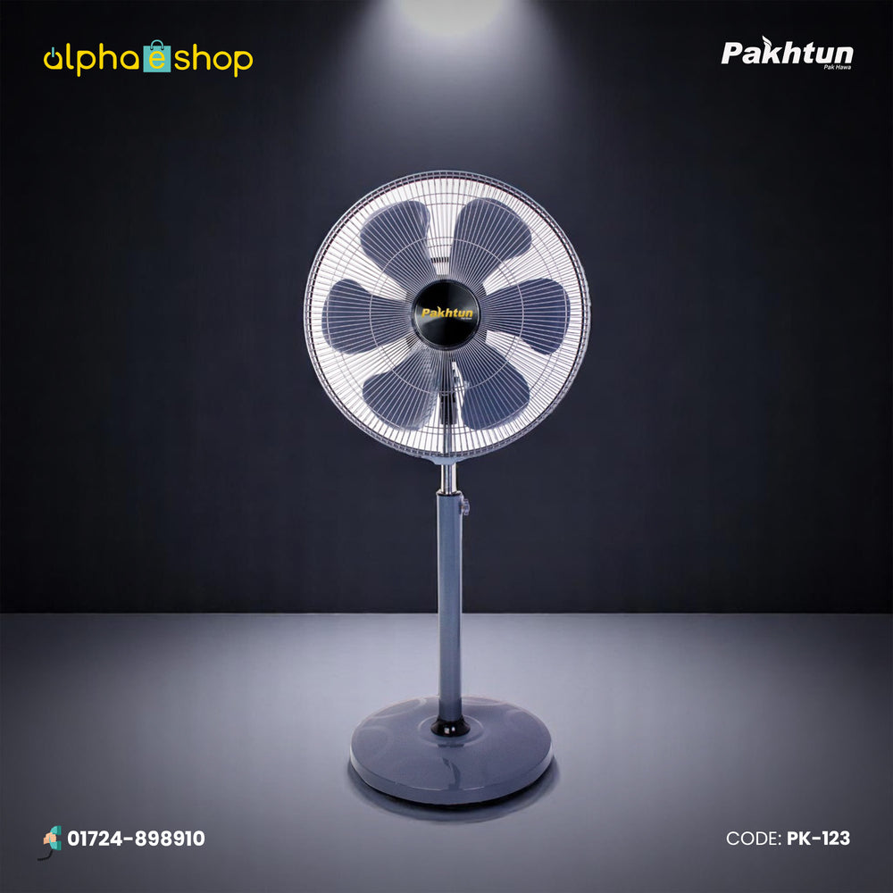 Pakhtun 18-Inch High Speed Stand Fan in grey featuring a 5-blade design, protective wire grill, and adjustable height stand.