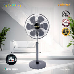 Pakhtun 18-Inch High Speed Stand Fan in grey featuring 5 blades, 100% copper winding, speed control dial, and 2-year warranty.