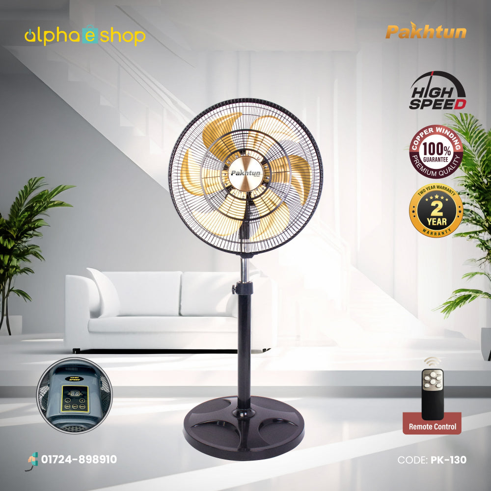 Pakhtun 18-Inch High Speed Stand Fan with golden blades. Features remote control, digital display, 100% copper winding, and 2-year warranty.