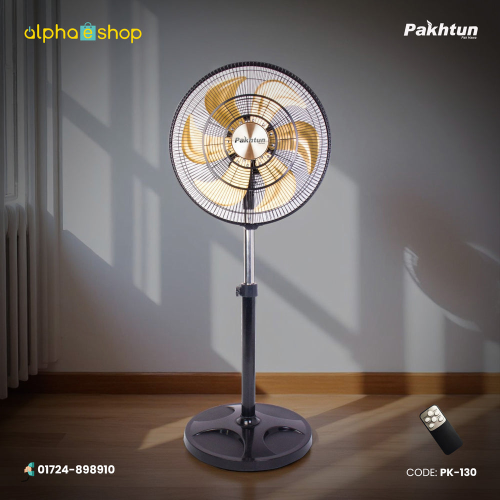 Pakhtun 18-Inch High Speed Stand Fan in black with golden blades. Features a remote control, 5-blade design, and adjustable height stand.