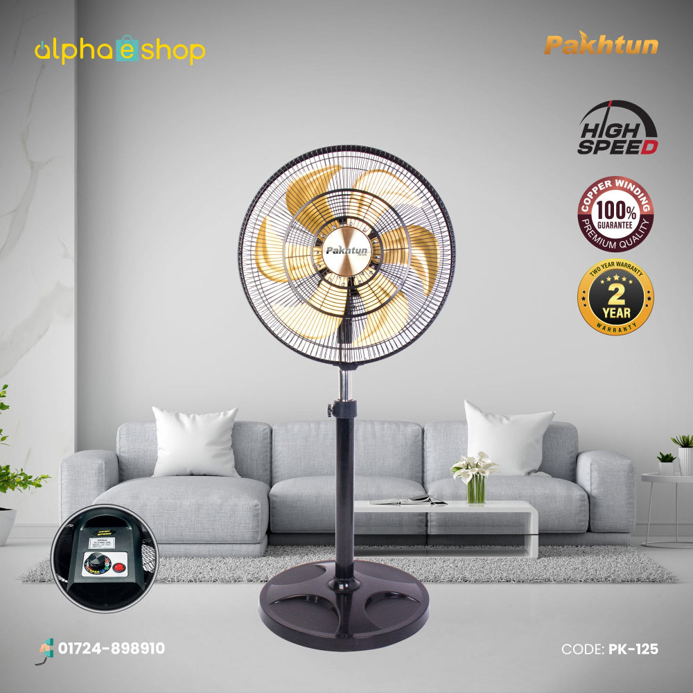 Pakhtun 18-Inch High Speed Stand Fan in PK-125.jpg features golden blades, speed control dial, 100% copper winding, and 2-year warranty.