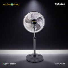 Pakhtun 18-Inch High Speed Stand Fan in grey featuring a speed control dial, 5-blade design, 100% copper winding, and 2-year warranty.