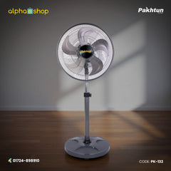 Pakhtun 20-Inch High Speed Stand Fan in grey featuring a 5-blade design, protective wire grill, and adjustable height stand.