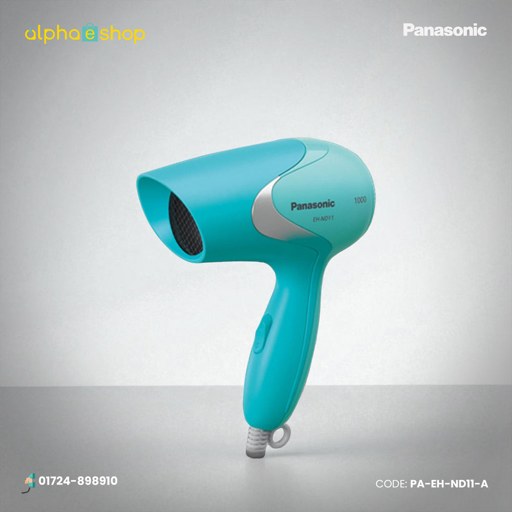 Panasonic EH-ND11 Compact Dry Care 1000W turquoise hair dryer with compact body and hanging loop, model PA-EH-ND11.