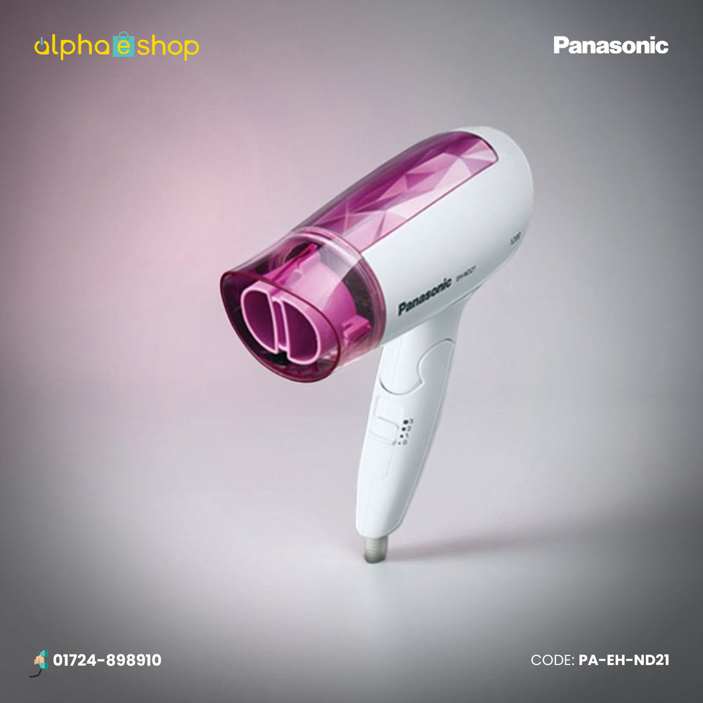 Panasonic EH-ND21 1200W white-pink hair dryer with compact body and multiple airflow settings, model PA-EH-ND21.