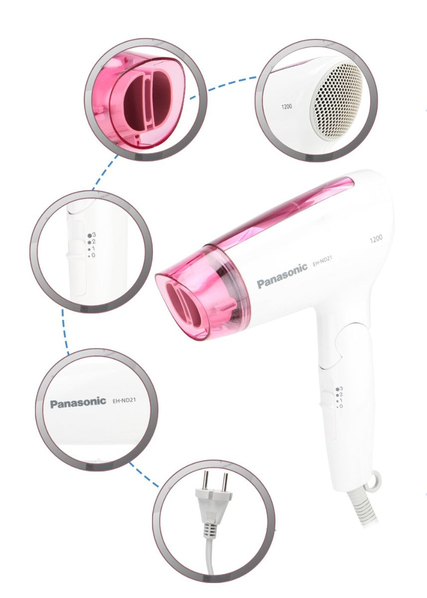 Panasonic EH-ND21 1200W white-pink hair dryer with dual airflow nozzle and 3-speed control, model PA-EH-ND21.