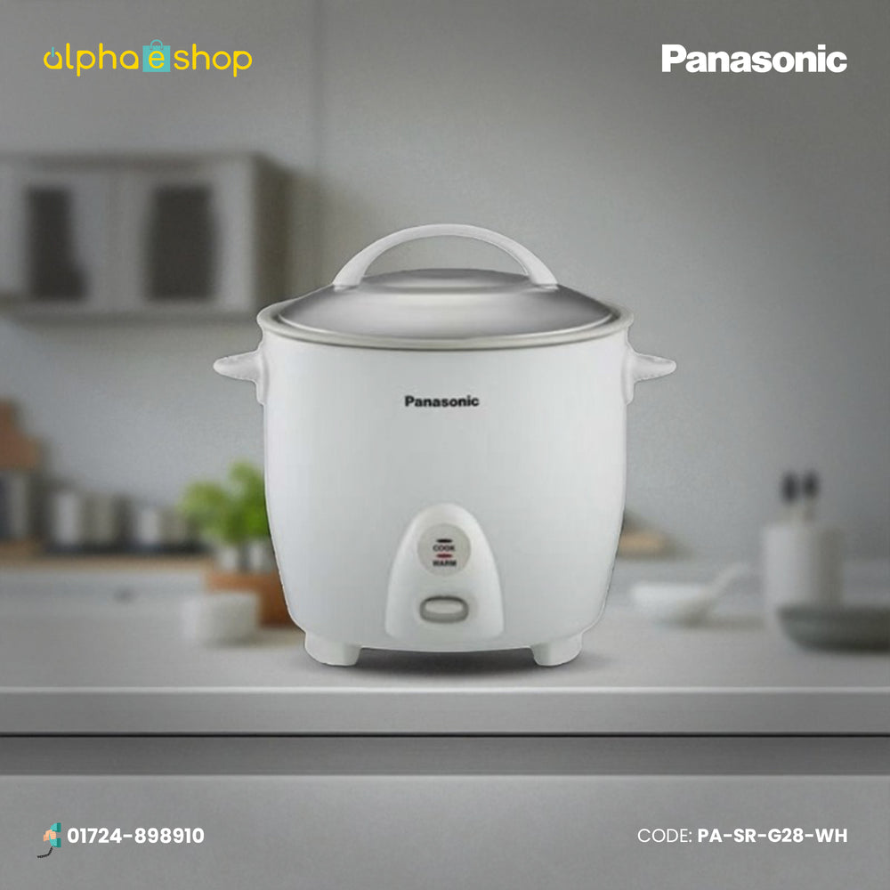 Panasonic SR-G28(2PL) 2.8L white electric rice cooker with double pan, cook/warm indicator and one-touch control.
