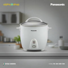 Panasonic SR-G28(2PL) 2.8L white electric rice cooker with double pan, cook/warm indicator and one-touch control.