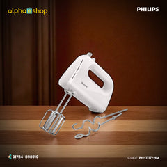 Philips Daily Collection Hand Mixer (PH-1117-HM) in white, featuring stainless steel beaters and dough hooks. Available at Alphaeshop.