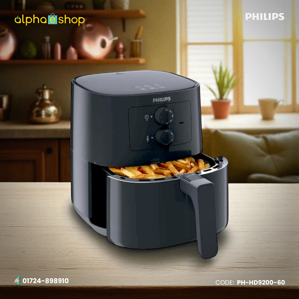 Philips HD9200/60 Essential 1400W airfryer with Rapid Air Technology, manual controls and removable cooking basket.