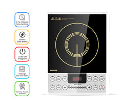Philips 2100W induction cooktop infographic highlighting a 0 to 3 hours timer, auto-off program, and cool-to-touch surface, model PH-HD4929.