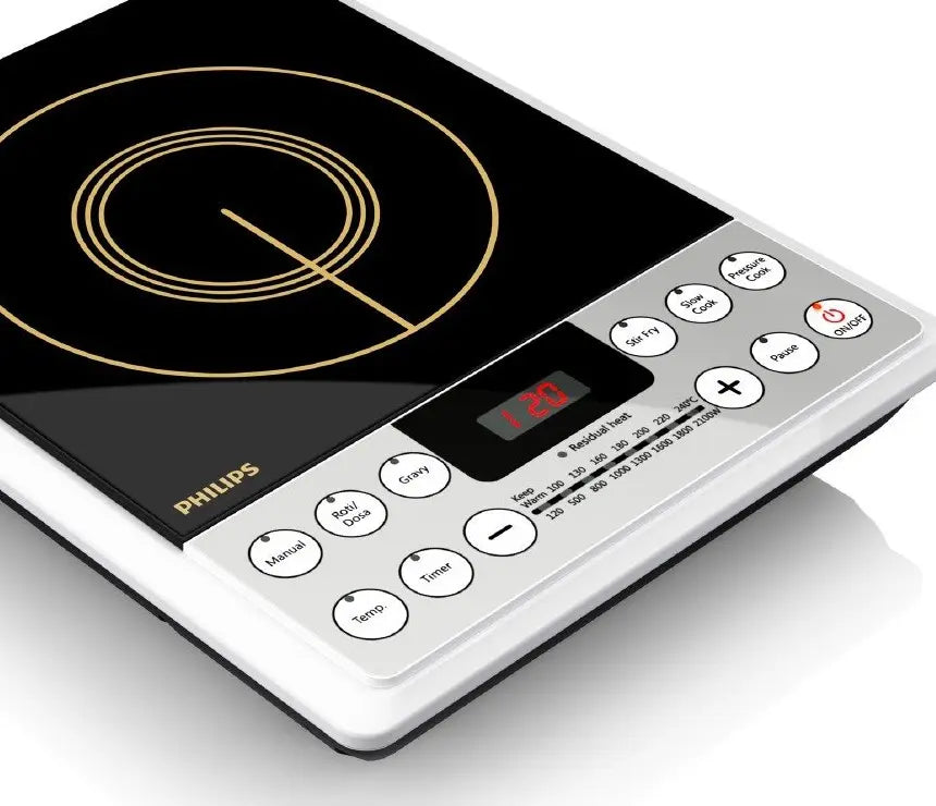 Close-up of Philips induction cooker control panel showing digital display, preset menu buttons, and temperature controls, model PH-HD4929.