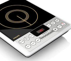 Close-up of Philips induction cooker control panel showing digital display, preset menu buttons, and temperature controls, model PH-HD4929.