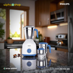 Philips 600W Mixer Grinder (PH-1016-MG) in celestial blue and white with 3 stainless steel jars. Available at Alphaeshop.