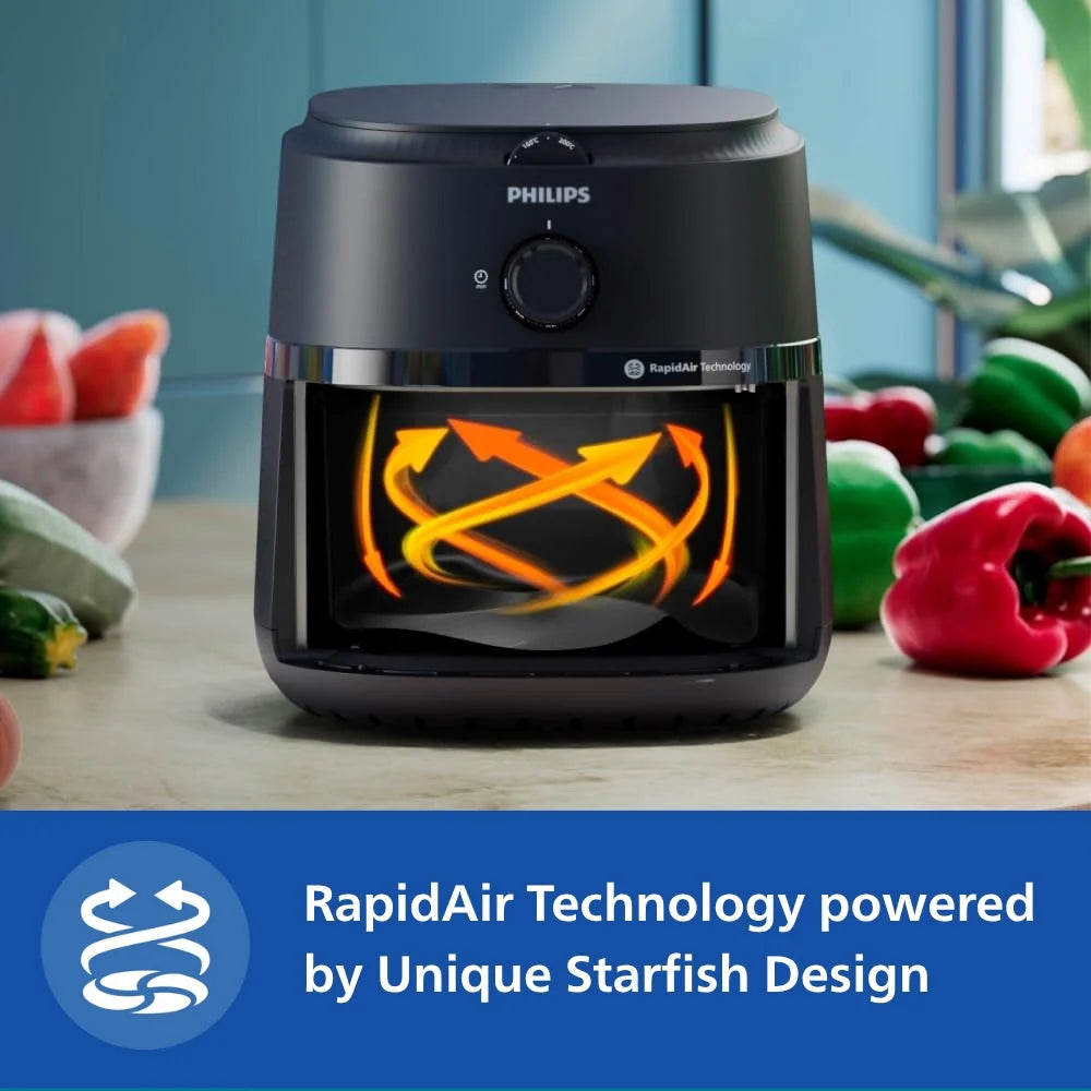 Philips NA120/00 4.2L black airfryer with RapidAir Technology and unique starfish design for efficient hot air circulation.