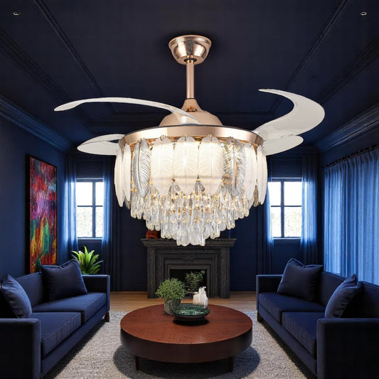 Qulik 48" Crystal Chandelier Retractable Invisible Blade Silent 3 Color Change LED Remote Ceiling Fan (Golden) | Q-T8255-BK-WH