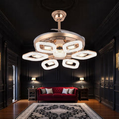 Qulik 48" Modern Chandelier Retractable Invisible Blade Silent 3 Color Change LED Remote Ceiling Fan (Golden) | Q-T8299