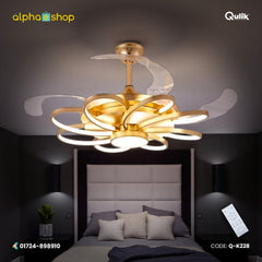 Qulik 48" Modern Chandelier Retractable Invisible Blade Silent 3 Color Change LED Remote Ceiling Fan (Golden) | Q-K6228