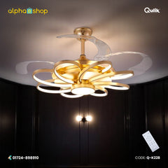 Qulik 48" Modern Chandelier Retractable Invisible Blade Silent 3 Color Change LED Remote Ceiling Fan (Golden) | Q-K6228