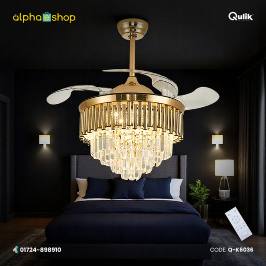 Qulik 48" Crystal Chandelier Retractable Invisible Blade Silent 3 Color Change LED Remote Ceiling Fan (Golden) | Q-K6036