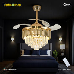 Qulik 48" Crystal Chandelier Retractable Invisible Blade Silent 3 Color Change LED Remote Ceiling Fan (Golden) | Q-K6036