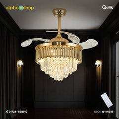 Qulik 48" Crystal Chandelier Retractable Invisible Blade Silent 3 Color Change LED Remote Ceiling Fan (Golden) | Q-K6036