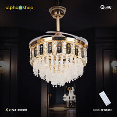 Qulik 48" Crystal Chandelier Retractable Invisible Blade Silent 3 Color Change LED Remote Ceiling Fan (Golden) | Q-K6251