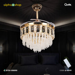 Qulik 48" Crystal Chandelier Retractable Invisible Blade Silent 3 Color Change LED Remote Ceiling Fan (Golden) | Q-K6251