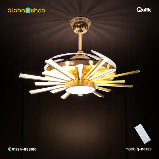 Qulik 48" Modern Chandelier Retractable Invisible Blade Silent 3 Color Change LED Remote Ceiling Fan (Golden) | Q-K6289