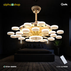 Qulik 48" Modern Chandelier Retractable Invisible Blade Silent 3 Color Change LED Remote Ceiling Fan (Golden) | Q-K6291