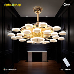 Qulik 48" Modern Chandelier Retractable Invisible Blade Silent 3 Color Change LED Remote Ceiling Fan (Golden) | Q-K6291