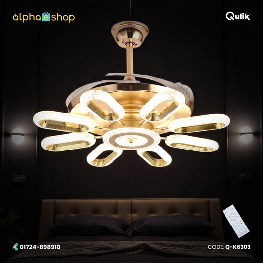 Qulik 48" Modern Chandelier Retractable Invisible Blade Silent 3 Color Change LED Remote Ceiling Fan (Golden) | Q-K6303