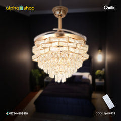 Qulik 48" Crystal Chandelier Retractable Invisible Blade Silent 3 Color Change LED Remote Ceiling Fan (Golden) | Q-K6323