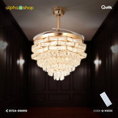 Qulik 48" Crystal Chandelier Retractable Invisible Blade Silent 3 Color Change LED Remote Ceiling Fan (Golden) | Q-K6323