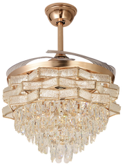Qulik 48" Crystal Chandelier Retractable Invisible Blade Silent 3 Color Change LED Remote Ceiling Fan (Golden) | Q-K6323