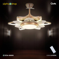 Qulik 48" Modern Chandelier Retractable Invisible Blade Silent 3 Color Change LED Remote Ceiling Fan (Golden) | Q-K6334