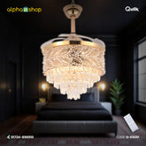 Qulik 48" Crystal Chandelier Retractable Invisible Blade Silent 3 Color Change LED Remote Ceiling Fan (Golden) | Q-K6351