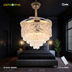 Qulik 48" Crystal Chandelier Retractable Invisible Blade Silent 3 Color Change LED Remote Ceiling Fan (Golden) | Q-K6351