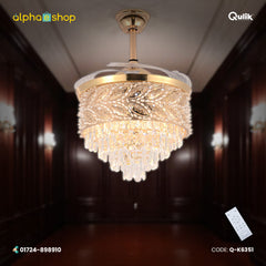 Qulik 48" Crystal Chandelier Retractable Invisible Blade Silent 3 Color Change LED Remote Ceiling Fan (Golden) | Q-K6351