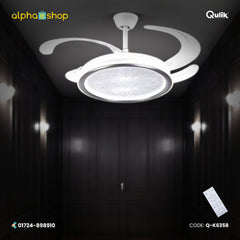 Qulik 48" Modern Chandelier Retractable Invisible Blade Silent 3 Color Change LED Remote Ceiling Fan (White) | Q-K6358