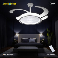 Qulik 48" Modern Chandelier Retractable Invisible Blade Silent 3 Color Change LED Remote Ceiling Fan (White) | Q-K6358