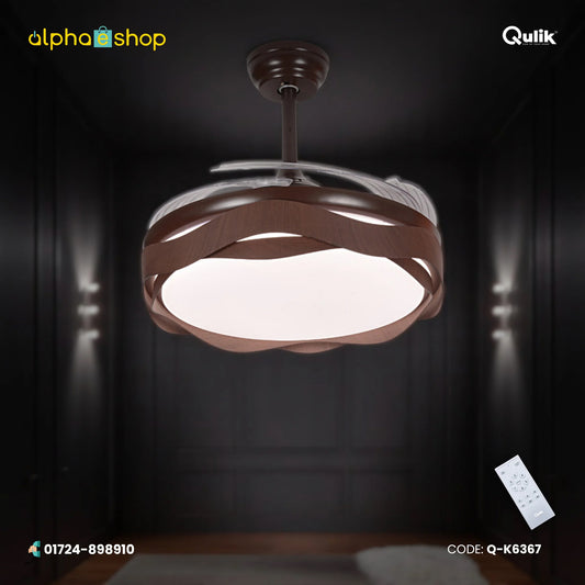 Qulik 48" Modern Chandelier Retractable Invisible Blade Silent 3 Color Change LED Remote Ceiling Fan (Wooden) | Q-K6367