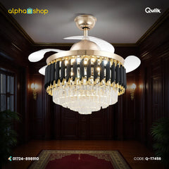 Qulik 48" Crystal Chandelier Retractable Invisible Blade Silent 3 Color Change LED Remote Ceiling Fan (Golden) | Q-T7456